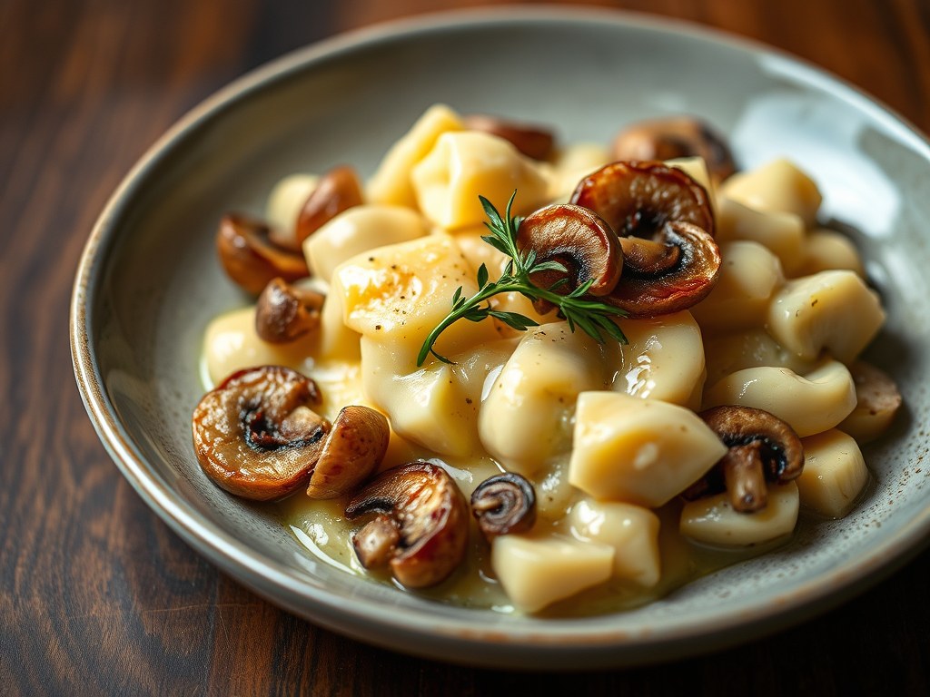 Kalfsribstuk met aardappelmousseline en geglaceerde champignons, AI-gegenereerde illustratie