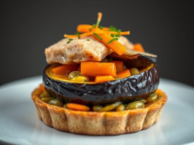 Kalfsvlees op een taartje van gekonfijte aubergine — AI-gegenereerde illustratie