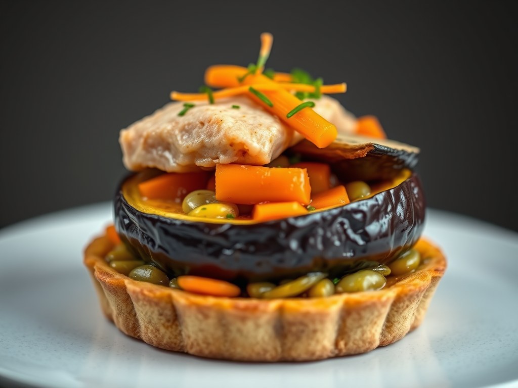 Kalfsvlees op een taartje van gekonfijte aubergine, AI-gegenereerde illustratie