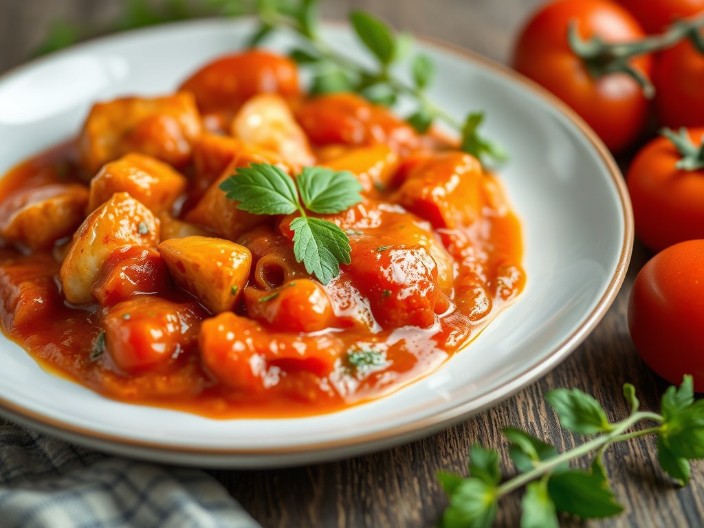 Kalfszwezerik met tomatensaus, AI-gegenereerde illustratie