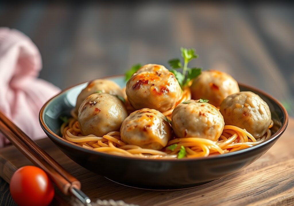 Kalkoenballetjes met Thaise noedels — AI-gegenereerde illustratie