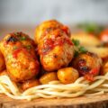 Kalkoenblokjes met gebakken aardappels en groenten