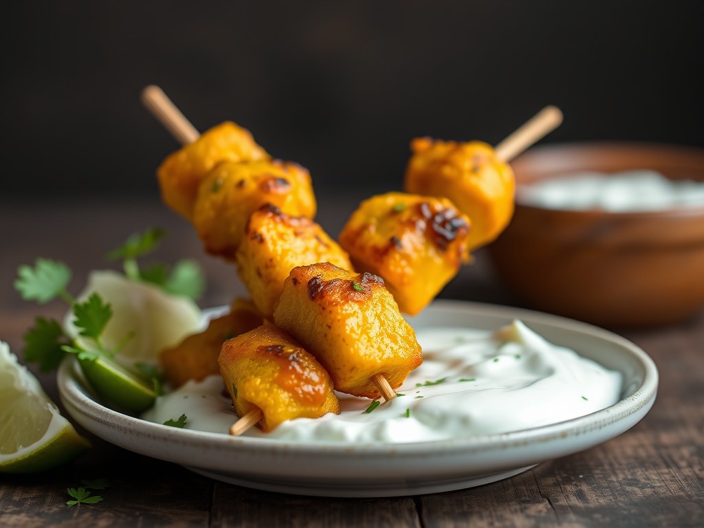 Kalkoenbrochettes met curry, AI-gegenereerde illustratie