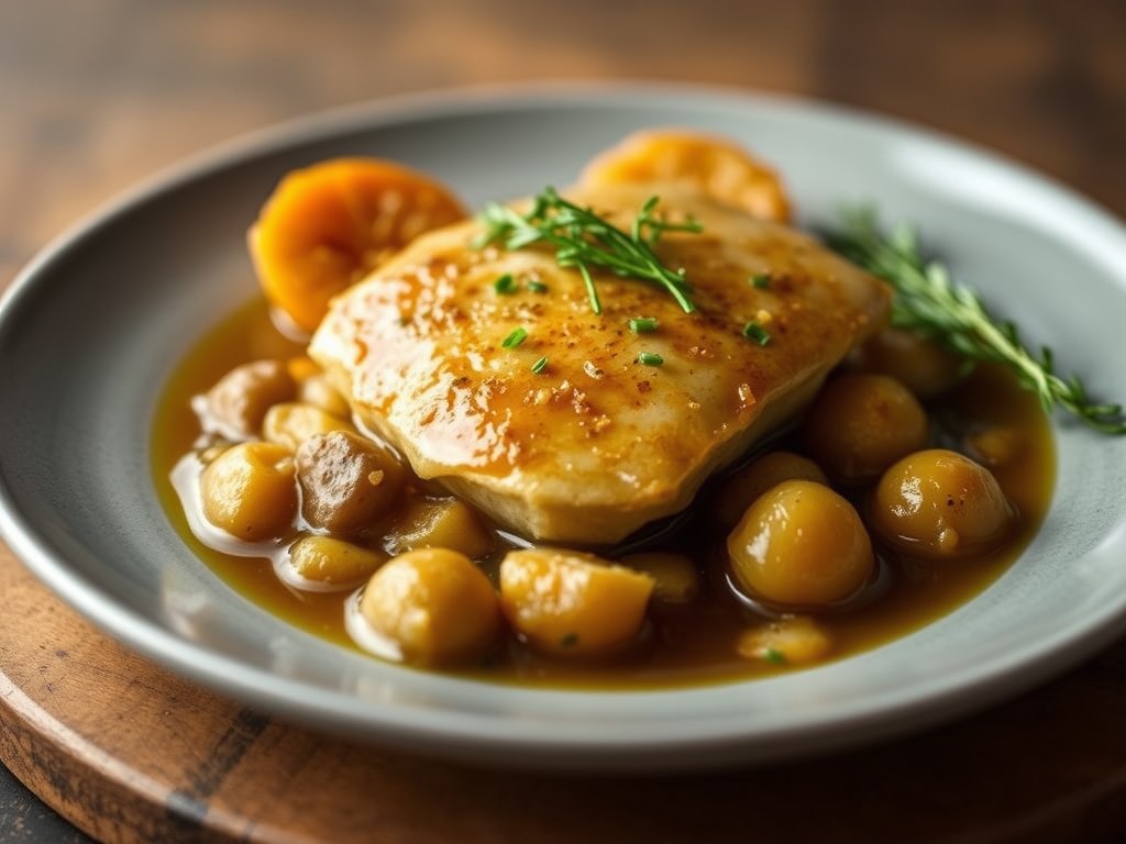 Kalkoenfilet gestoofd in geuze met abrikozen, AI-gegenereerde illustratie