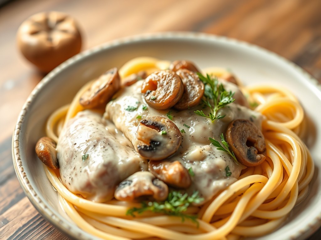Kalkoenfilet in champignon- roomsaus, AI-gegenereerde illustratie