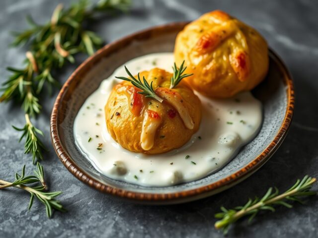 Kalkoenpakketjes en smeuïge saus met geitenkaas — AI-gegenereerde illustratie