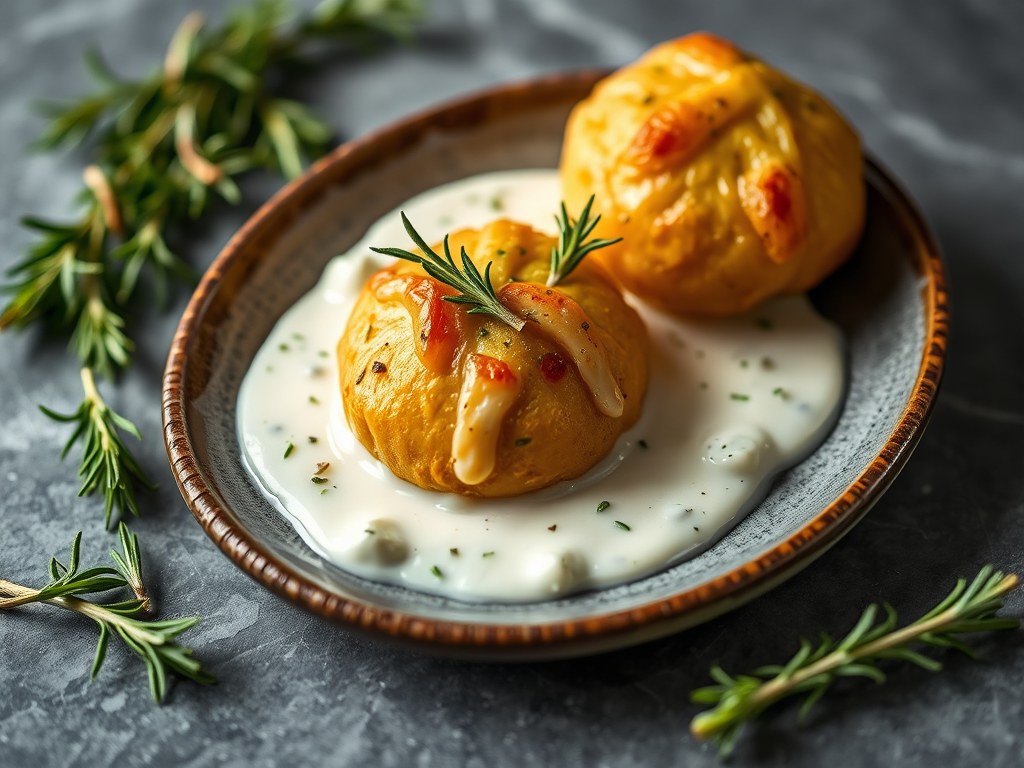 Kalkoenpakketjes en smeuïge saus met geitenkaas, AI-gegenereerde illustratie