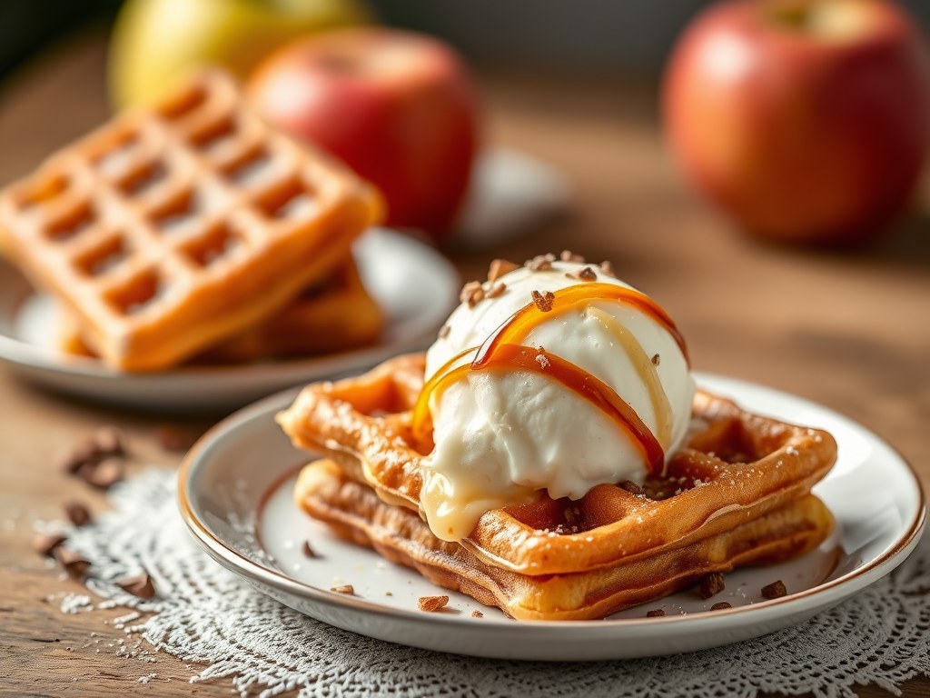 Kaneelwafels met appel en vanille-ijs, AI-gegenereerde illustratie