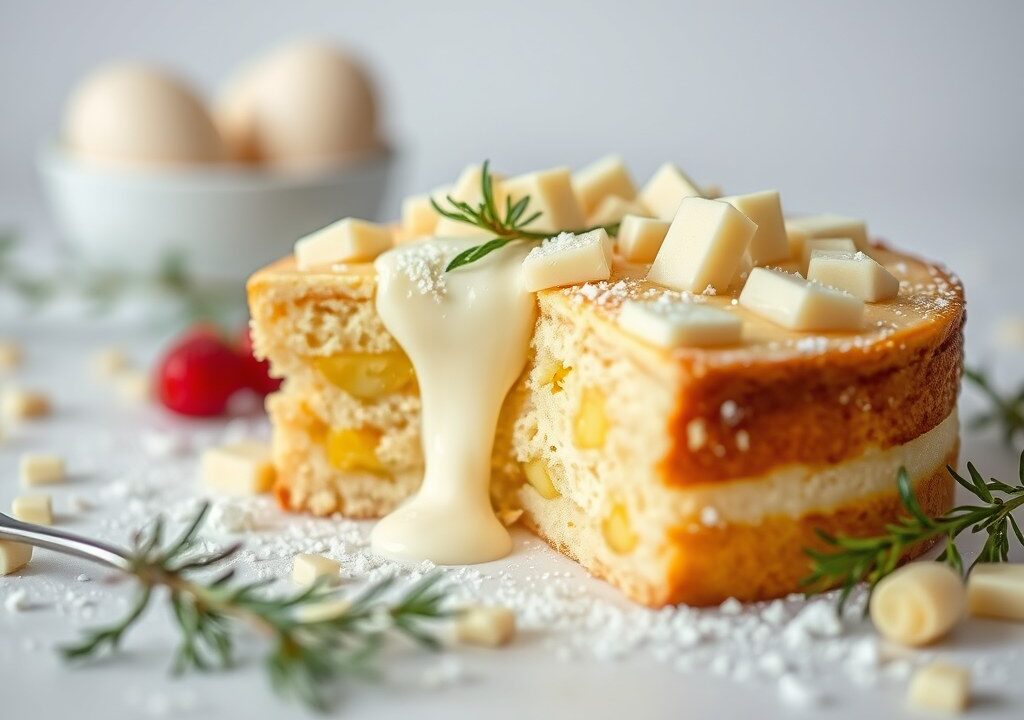 Kardemomcake met hele gepocheerde peren en witte chocolade — AI-gegenereerde illustratie