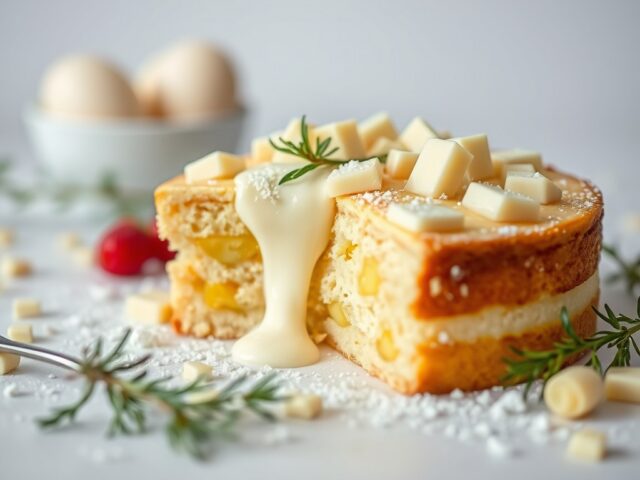 Kardemomcake met hele gepocheerde peren en witte chocolade — AI-gegenereerde illustratie