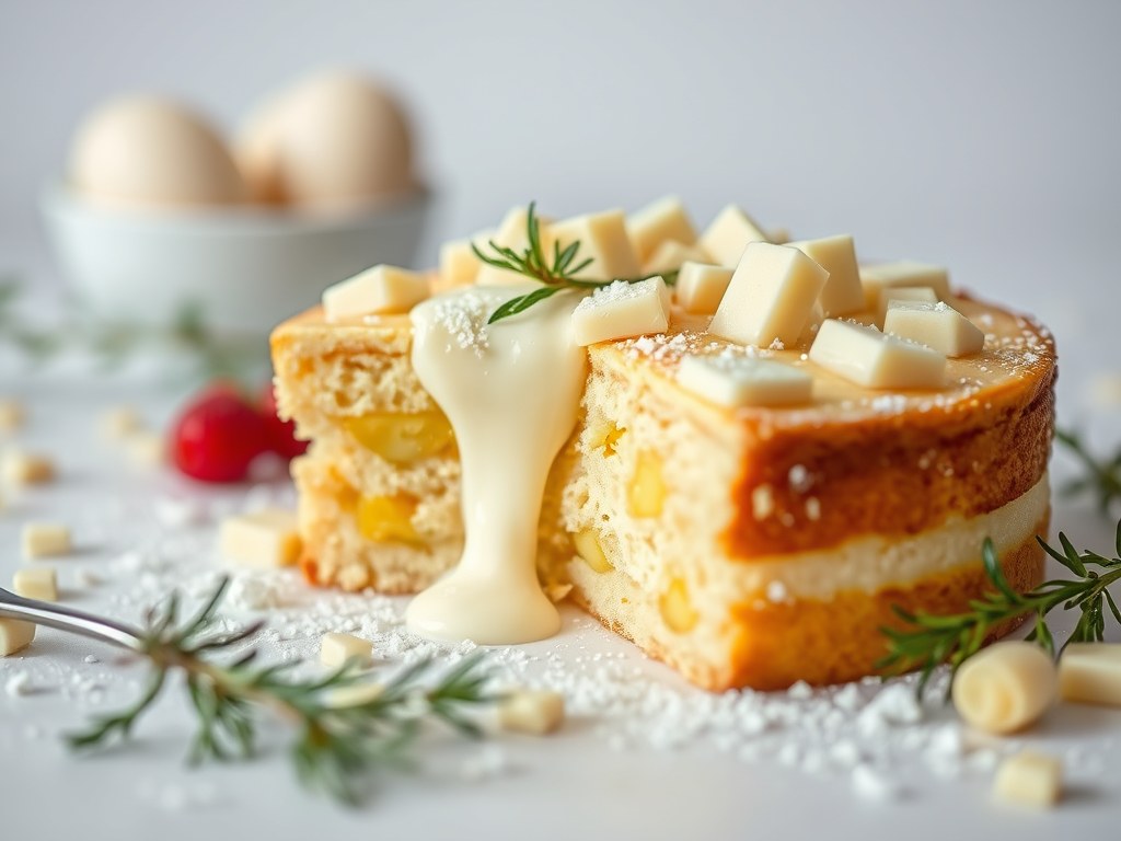 Kardemomcake met hele gepocheerde peren en witte chocolade, AI-gegenereerde illustratie