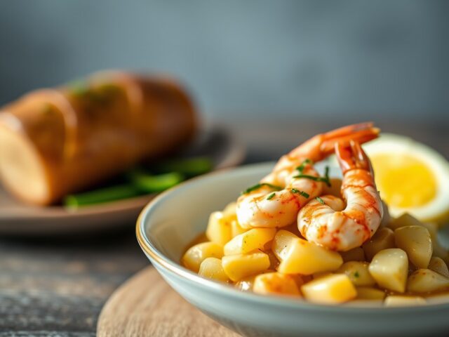 Karnemelkstoemp met gepocheerd ei, Gandaham, Vlaamse grijze garnalen en zure saus — AI-gegenereerde illustratie