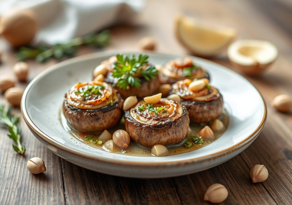 Kastagne Champignons gevuld met Pistache en Serrano — AI-gegenereerde illustratie