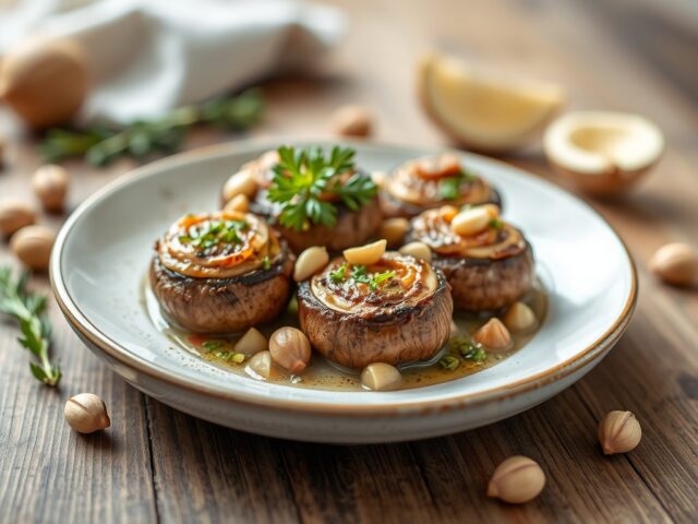 Kastagne Champignons gevuld met Pistache en Serrano — AI-gegenereerde illustratie