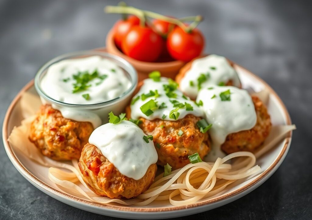 Keftedakia (gehaktballetjes) met Tzatziki, AI-gegenereerde illustratie