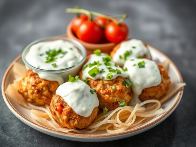 Keftedakia (gehaktballetjes) met Tzatziki — AI-gegenereerde illustratie