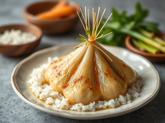 Ketupat Betawi met Saté Lembut — AI-gegenereerde illustratie
