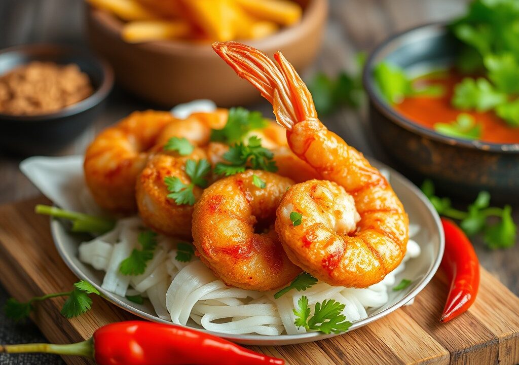 Kip – Garnalen Frituur met Sweet Chili, AI-gegenereerde illustratie