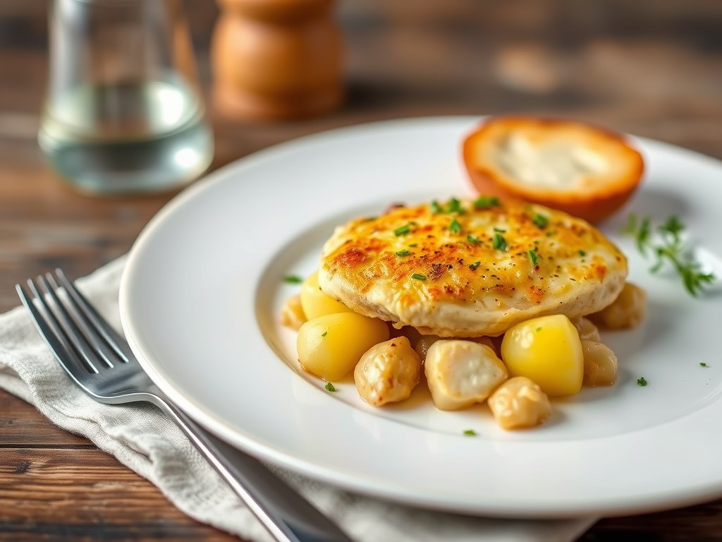 Kip-aardappelgratin, AI-gegenereerde illustratie