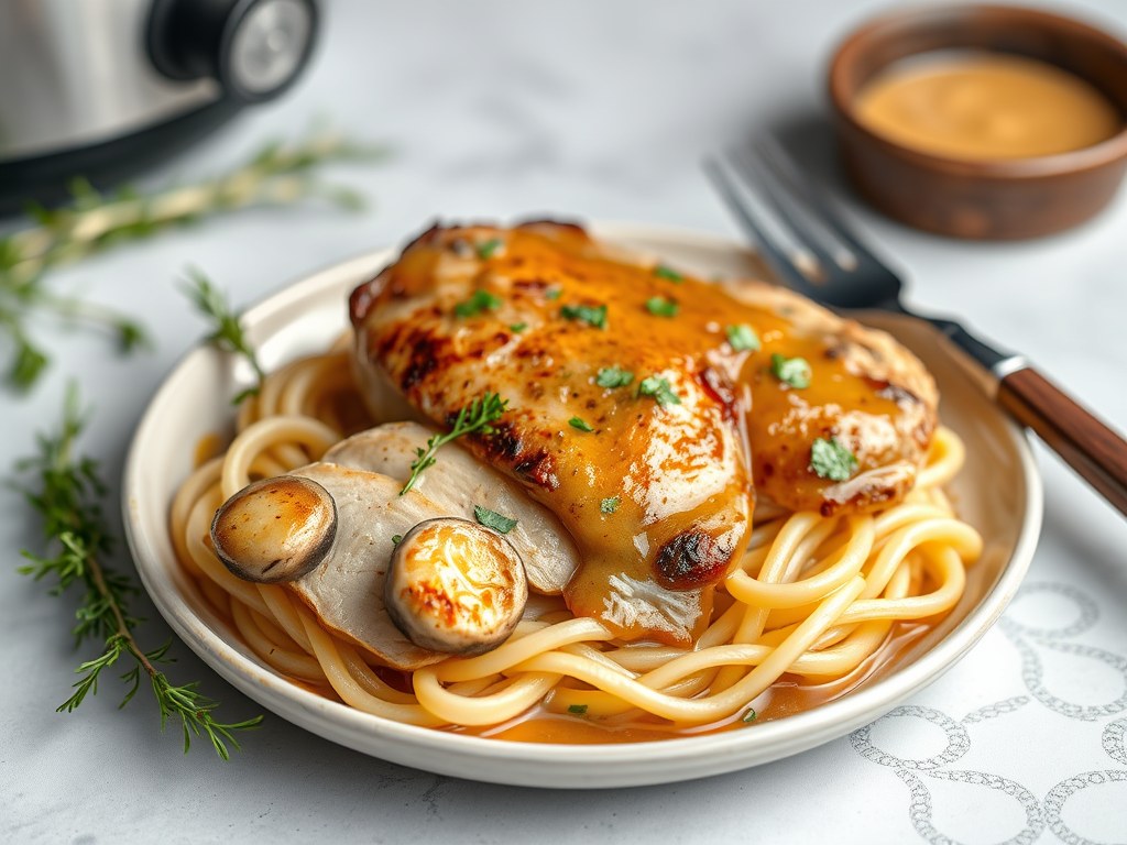 Kip- champignonschotel uit de slowcooker, AI-gegenereerde illustratie