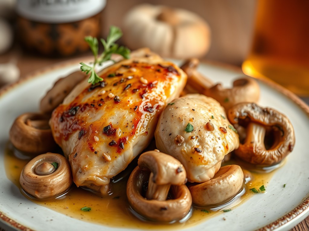 Kip en champignons in geuzebier, AI-gegenereerde illustratie