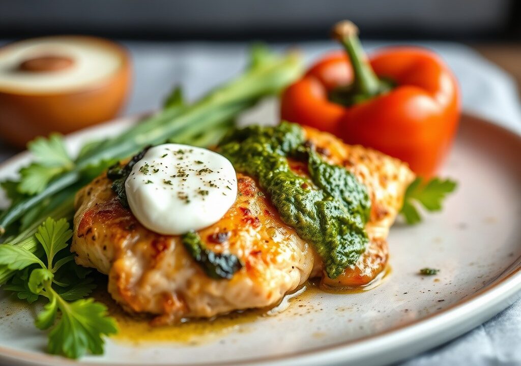 Kip en geroosterde paprika uit de oven, AI-gegenereerde illustratie
