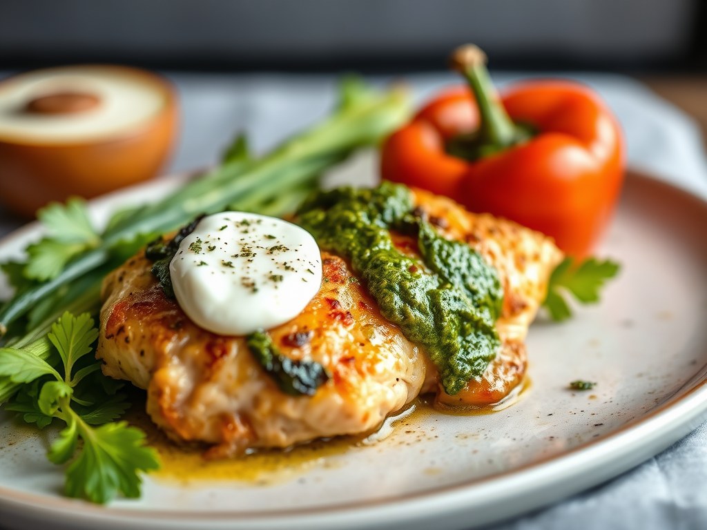 Kip en geroosterde paprika uit de oven, AI-gegenereerde illustratie
