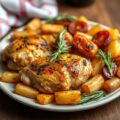 Kip gevuld met kruiden met gebakken aardappelen met chorizo