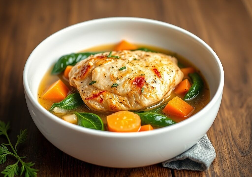 Kip in een groentebouillon met kokos en spinazie — AI-gegenereerde illustratie