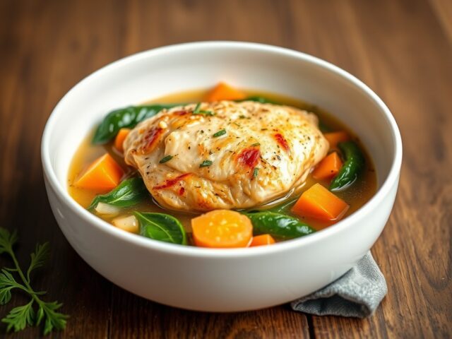 Kip in een groentebouillon met kokos en spinazie — AI-gegenereerde illustratie