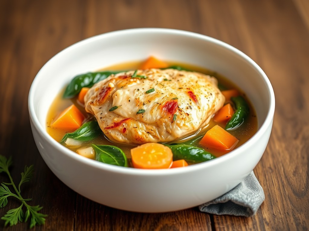 Kip in een groentebouillon met kokos en spinazie, AI-gegenereerde illustratie