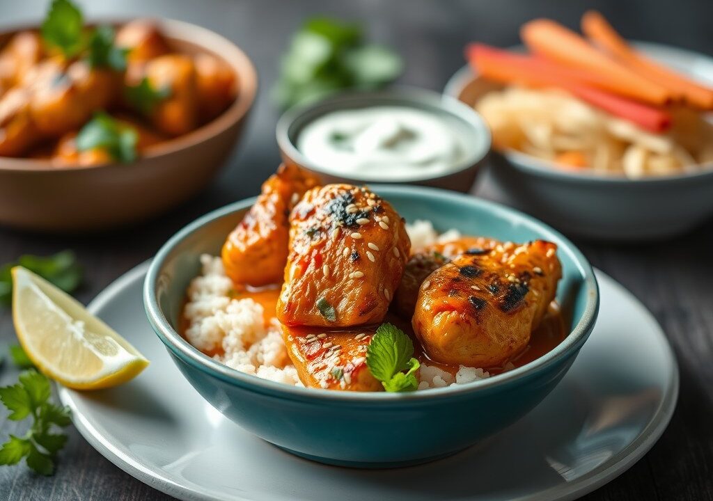 Kip in rode Thaise curry met een yoghonaise saus — AI-gegenereerde illustratie