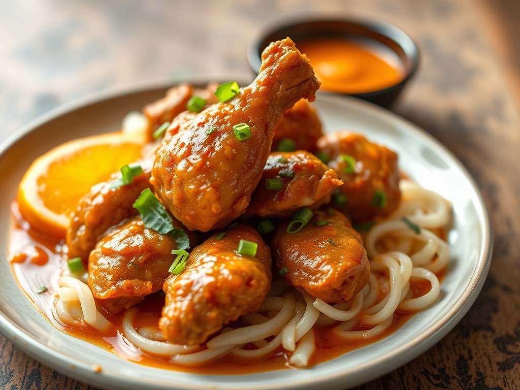 Kip in Sinaasappel Saus, AI-gegenereerde illustratie