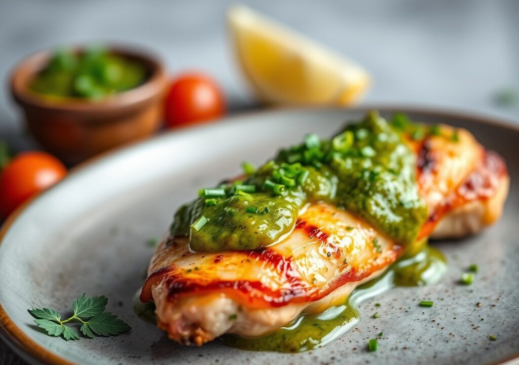 Kip in Spek met Salsa Verde, AI-gegenereerde illustratie