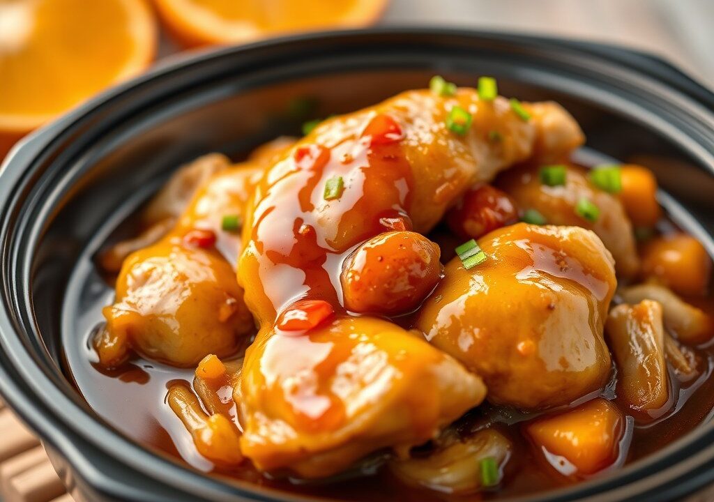 Kip in Teriyaki-Sinaasappelsaus uit de Slow Cooker — AI-gegenereerde illustratie