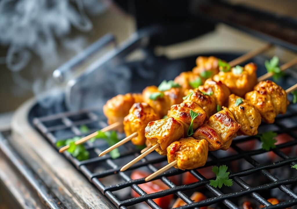 Kip kerrie kebabs — AI-gegenereerde illustratie