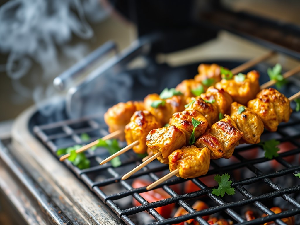 Kip kerrie kebabs, AI-gegenereerde illustratie