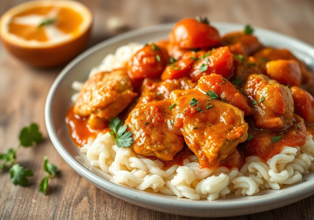 Kip Louisiana met een Sinaasappel-Tomatensaus — AI-gegenereerde illustratie