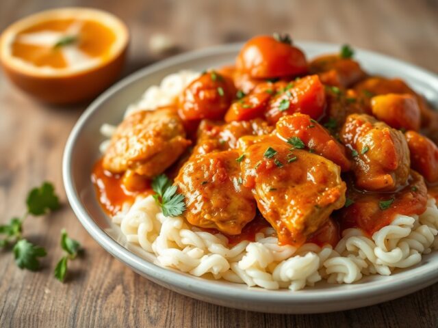 Kip Louisiana met een Sinaasappel-Tomatensaus — AI-gegenereerde illustratie