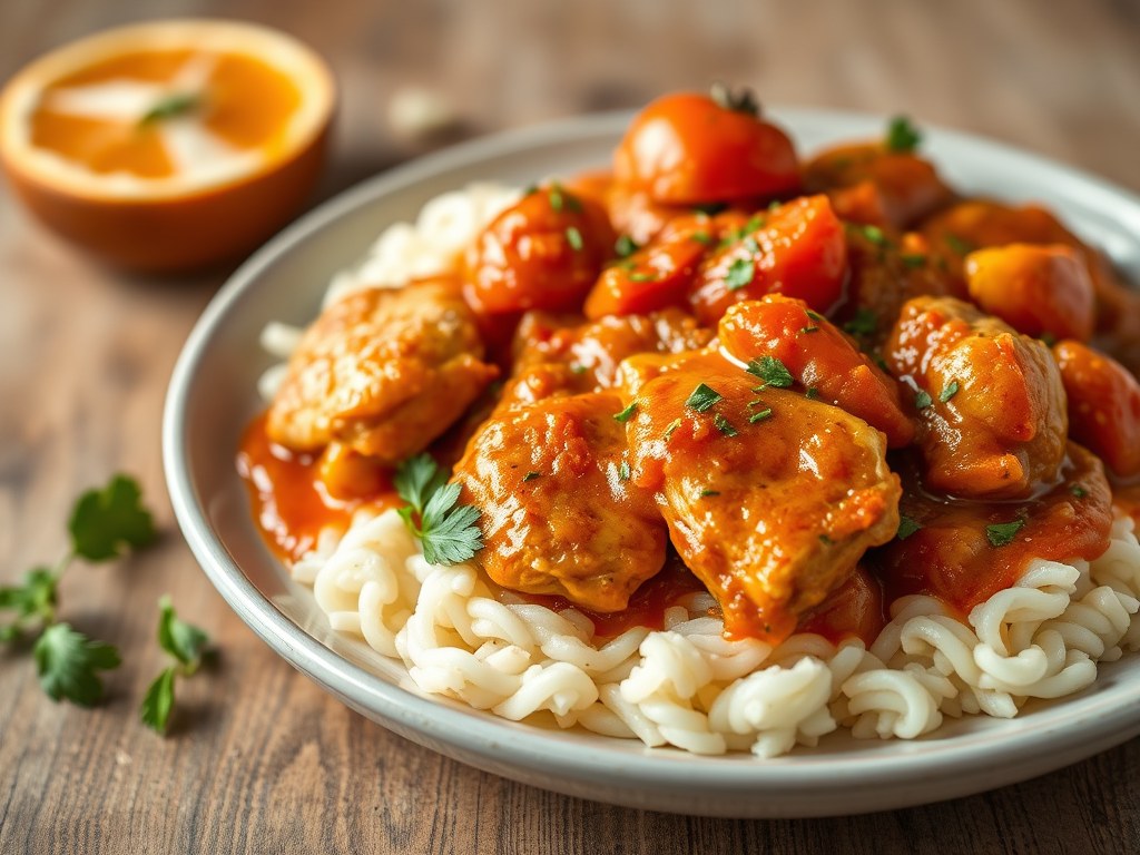Kip Louisiana met een Sinaasappel-Tomatensaus, AI-gegenereerde illustratie
