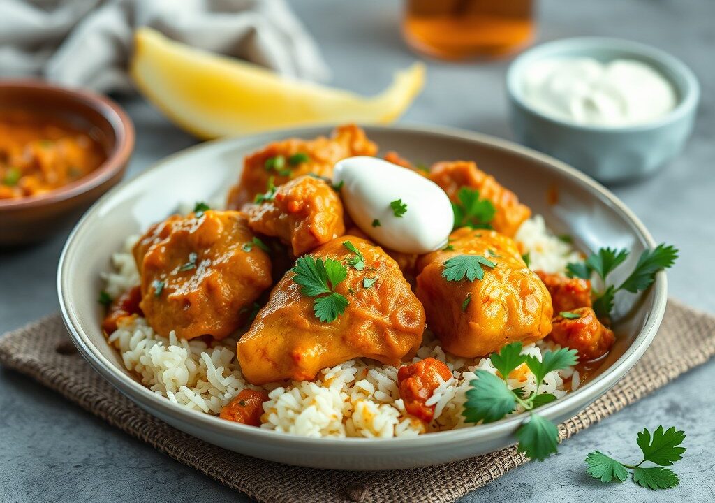 Kip met Abrikoos Balti-Stijl (India), AI-gegenereerde illustratie
