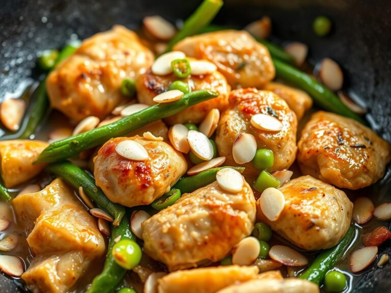 Kip met amandelen en groene asperges