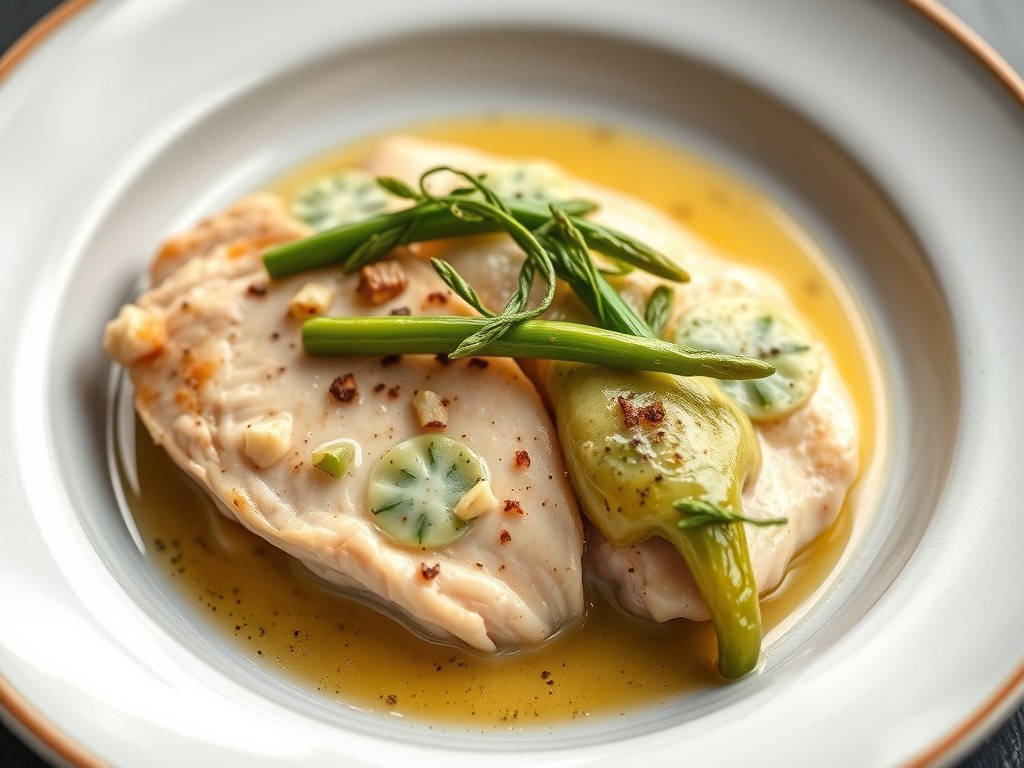 Kip met groene asperges, AI-gegenereerde illustratie