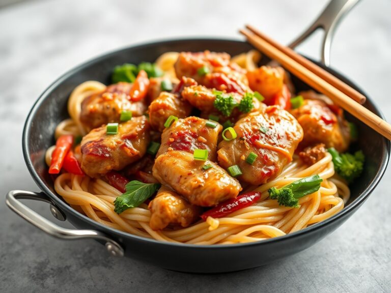 Kip met oosterse wokgroenten op mie-pannekoeken