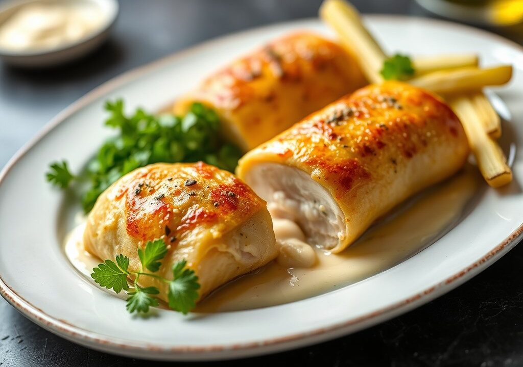 Kip met stiltonkaasrolletjes — AI-gegenereerde illustratie