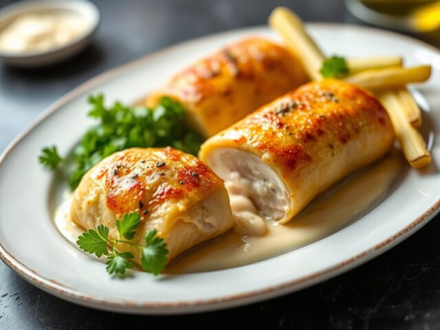 Kip met stiltonkaasrolletjes — AI-gegenereerde illustratie