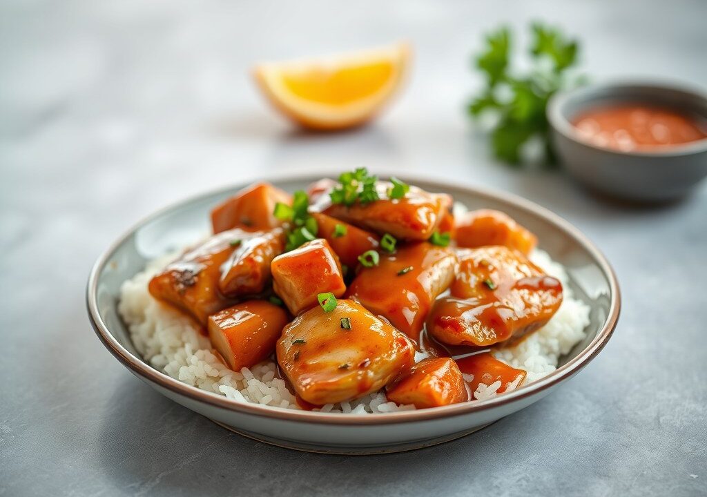 Kip met Teriyaki-Sinaasappel Saus, AI-gegenereerde illustratie