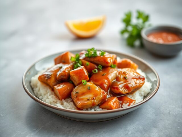 Kip met Teriyaki-Sinaasappel Saus — AI-gegenereerde illustratie
