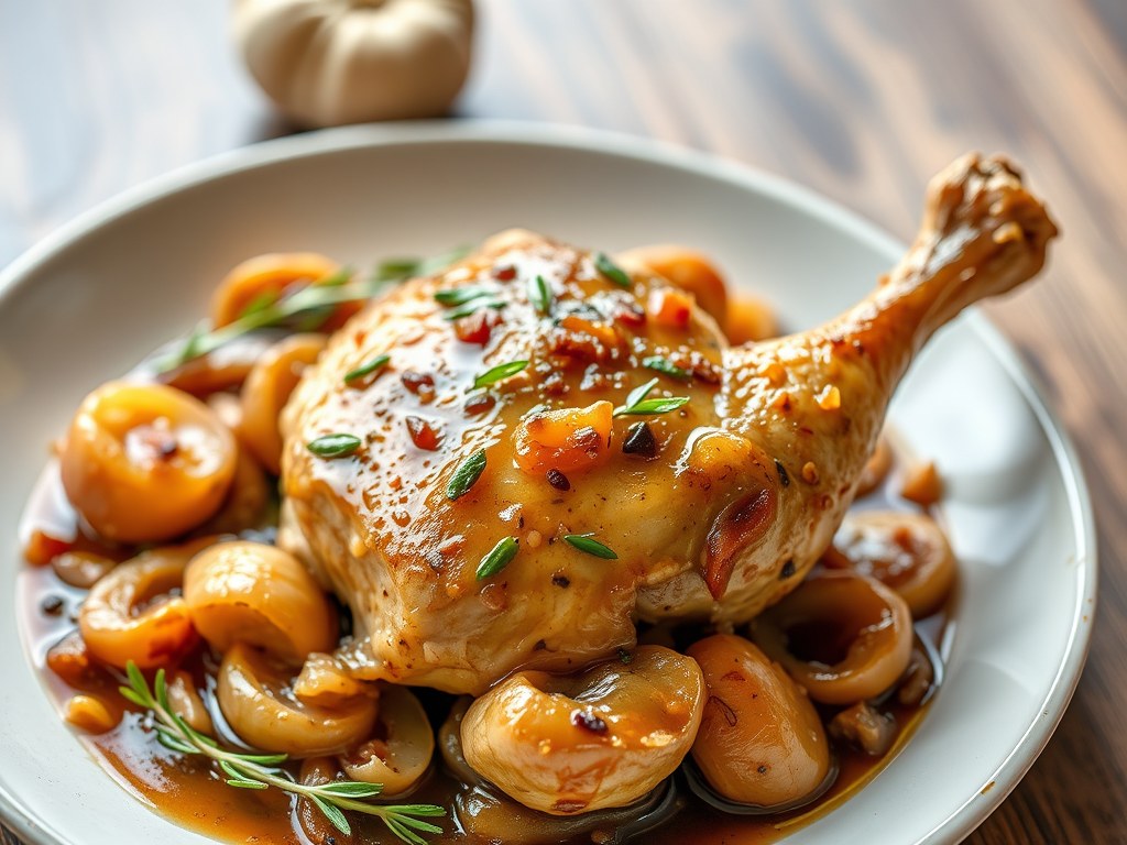 Kip met Uien uit de Slow-Cook-Oven, AI-gegenereerde illustratie
