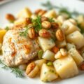 Kip met witloof- en aardappelsalade, dille en noten